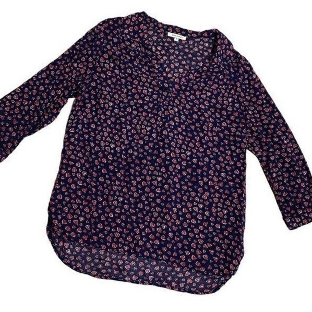 Valentine 3/4 sleeve V neck heart print popover top medium Blue red Whimsy